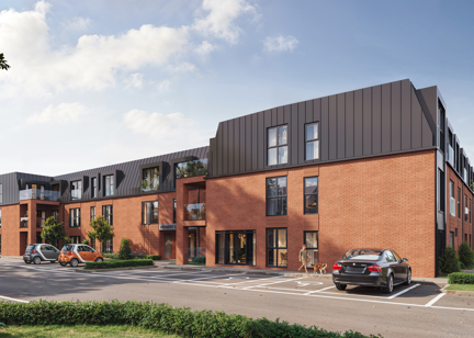 CGI of retirement living scheme, Matilda Court. Featuring the outer building with a car park