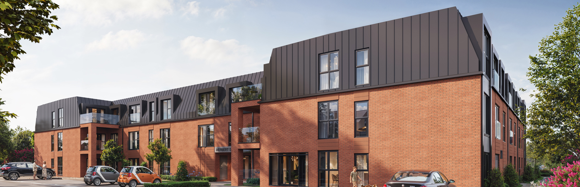 CGI of retirement living scheme, Matilda Court. Featuring the outer building with a car park