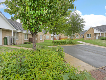Green gardens and large trees in front of the bungalows with parking for residents