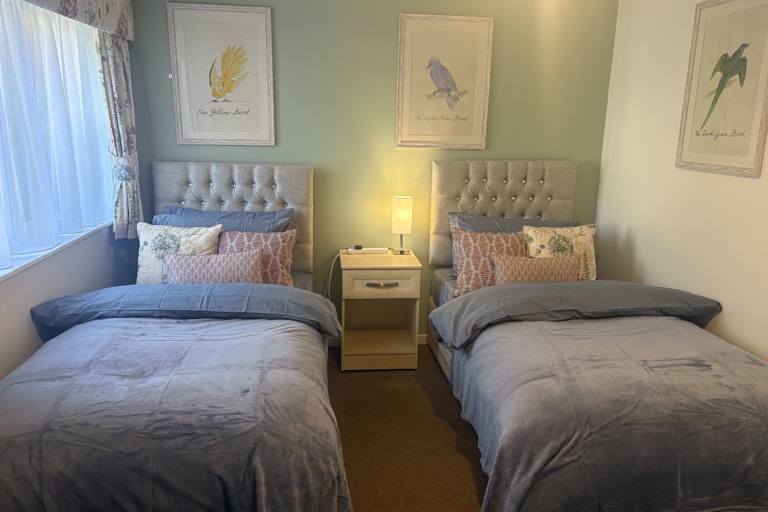 A guest room with two single beds made with purple duvet and cushions