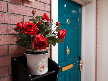 A close-up of some potted flowers outside a resident's apartment