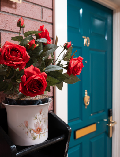 A close-up of some potted flowers outside a resident's apartment 