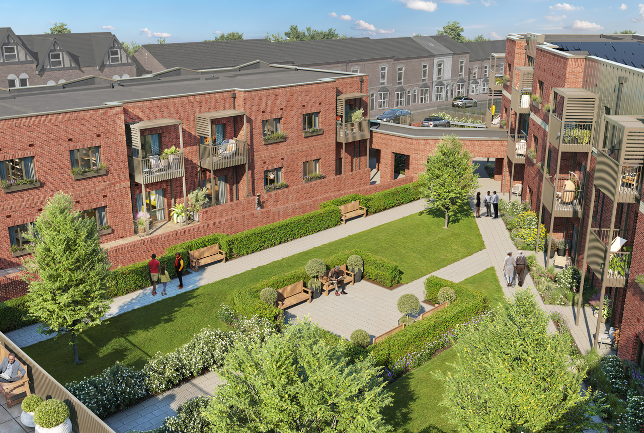 CGI artist impression of the exterior of Housing 21's first cohousing scheme, Rupali Court in Birmingham. A multi-storey building with car park and communal gardens
