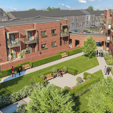 CGI artist impression of the exterior of Housing 21's first cohousing scheme, Rupali Court in Birmingham. A multi-storey building with car park and communal gardens
