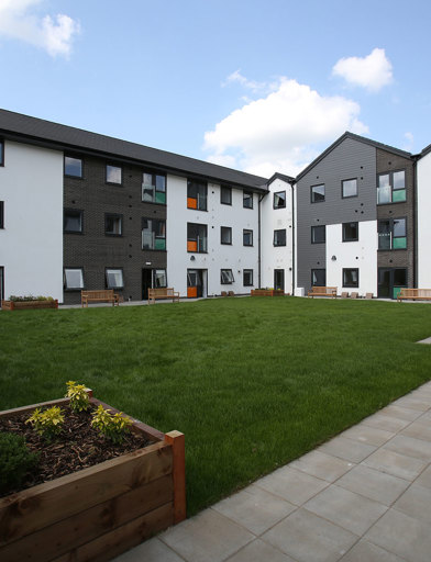 Large garden area with planters and benches around a grassed area