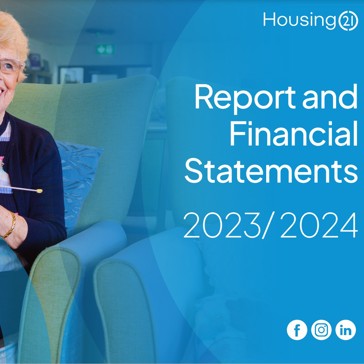 The front cover of the Financial Statements 2023/ 2024 with a resident sitting in a chair knitting 