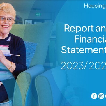 The front cover of the Financial Statements 2023/ 2024 with a resident sitting in a chair knitting 