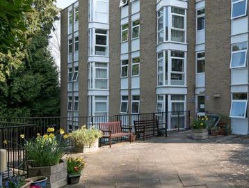 Large patio area with plants, flowers, trees and seating in the communal area