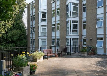 Large patio area with plants, flowers, trees and seating in the communal area