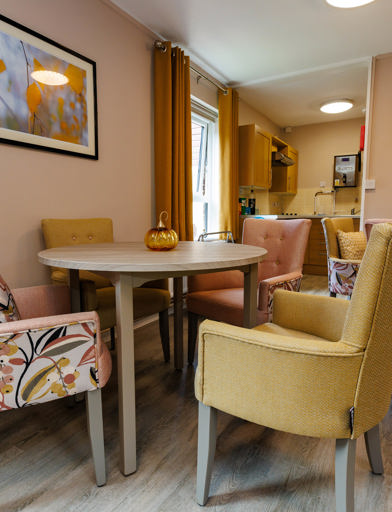 Modern dining area with armchair style dining chairs around round tables 