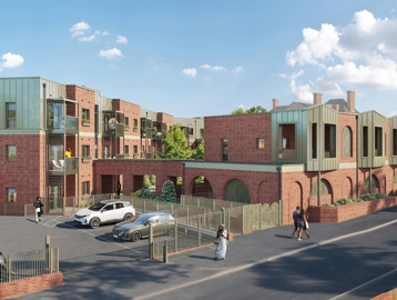 CGI artist impression of the exterior of Housing 21's first cohousing scheme, Rupali Court in Birmingham. A multi-storey building with car park and communal gardens