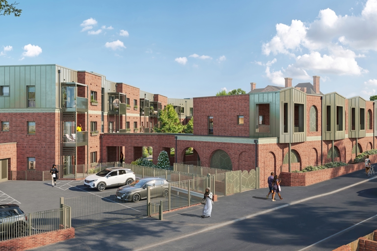 CGI artist impression of the exterior of Housing 21's first cohousing scheme, Rupali Court in Birmingham. A multi-storey building with car park and communal gardens