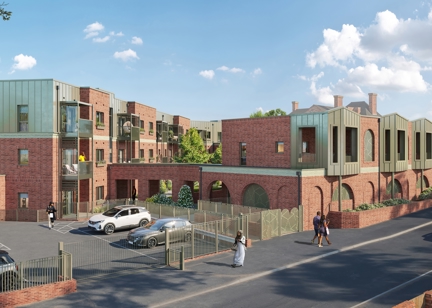 CGI artist impression of the exterior of Housing 21's first cohousing scheme, Rupali Court in Birmingham. A multi-storey building with car park and communal gardens