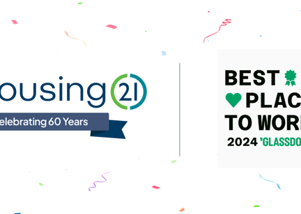 The Housing 21 diamond logo saying 'Celebrating 60 Years' next to the Glassdoor 'Best Places to Work 2024' logo with confetti in the background.