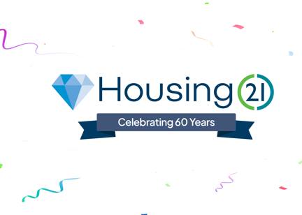 The Housing 21 diamond logo saying 'Celebrating 60 Years' next to the Glassdoor 'Best Places to Work 2024' logo with confetti in the background.