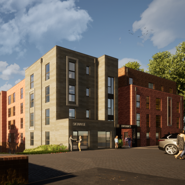 A CGI artist impression of a four-storey building with car parking to the front and people walking around the building