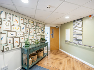 Bright and modern hallway with various artworks on the walls