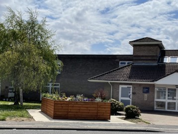 Large planter and tree to the left-side of the main entrance outside of Ancaster Court
