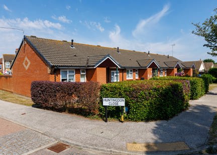 A row of bungalows set behind hedging with a footpath to the front