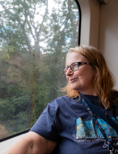 Resident pictured sitting on a London underground looking at the window 