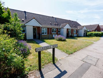 Frontal view of the bungalows, lavender plants grow on the lawns out front