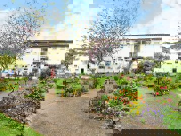 A garden outside Wilding Court featuring a range of flowers and a bench