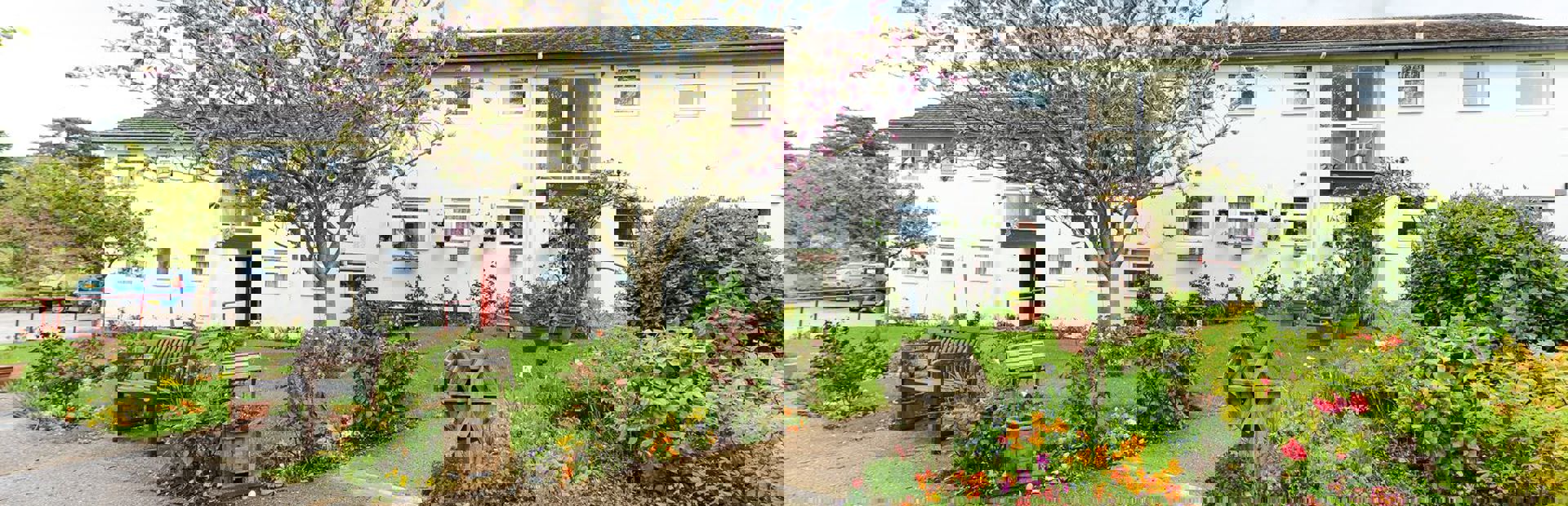 A garden outside Wilding Court featuring a range of flowers and a bench