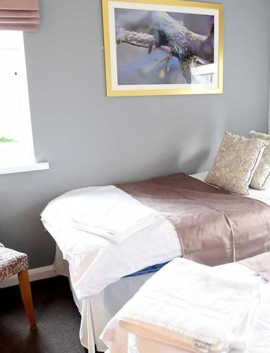 A stylish bedroom with two single beds, and a single chair, with cushions 