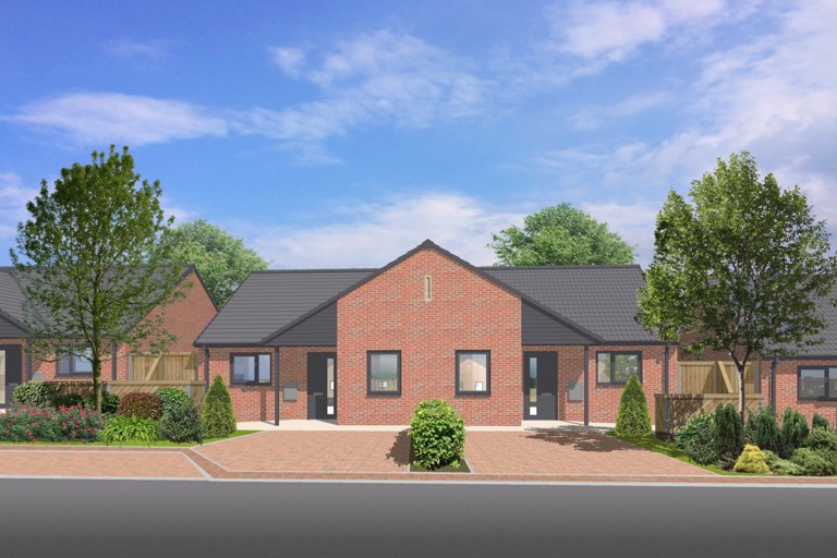 A CGI image of the exterior front of a bungalow.