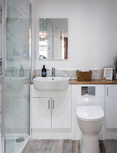 Inside the show home bathroom with walk-in shower 