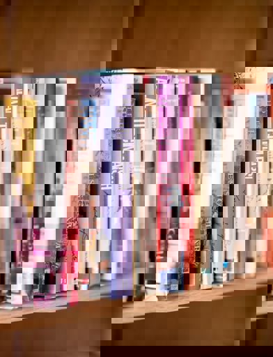 Close-up of library books on a shelf