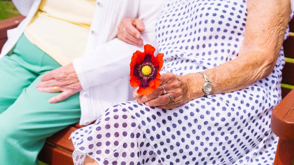 The arms of two ladies sitting on a bench and one holds a flower