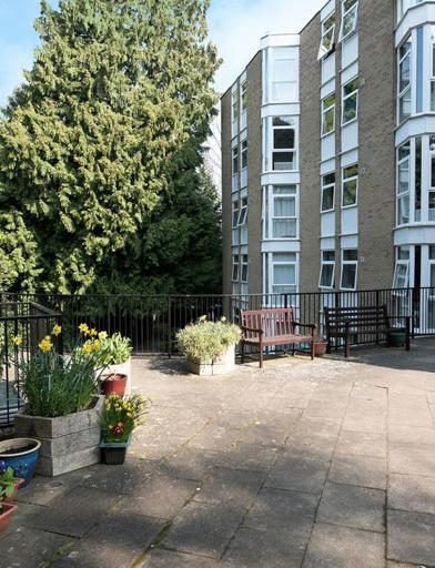 Large patio area with plants, flowers, trees and seating 