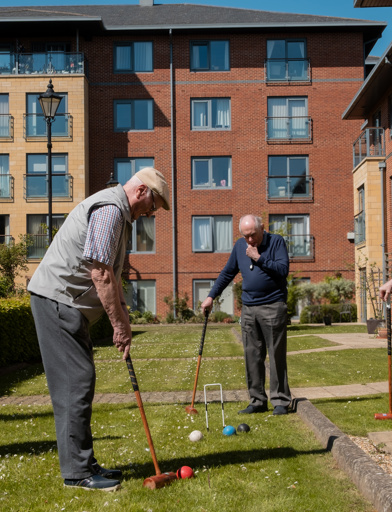 A group of male residents enjoying a game of croquet in the gardens 