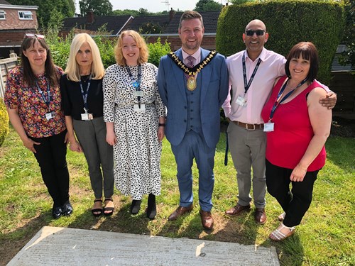 Pictured left to right: Marie Toorish, Local Housing Manager, Marilyn Evans, Local Housing Manager, Kate Lester, Operations Manager, Mayor of Sandwell, Cllr Richard Jones, Sajid Shaikh, Local Housing Manager at Grove Court, Louise Buckingham, Assistant Local Housing Manager