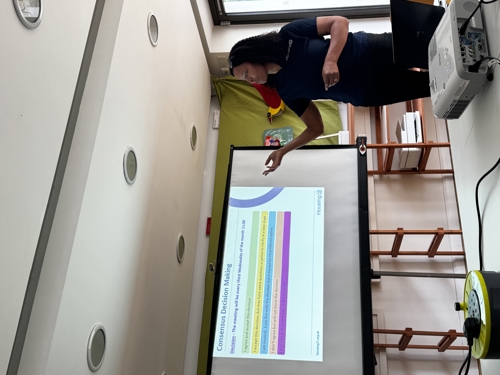 Pictured Dawn Carr, Cohousing Partnership Manager reading slides from a presentation discussing consensus decision making