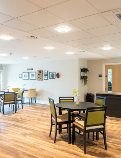 Communal cafe/ bistro with seating, tables and serving counter 