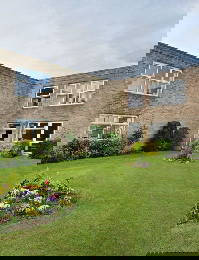 Large grassed area with plants and small hedgerow to the rear of the scheme