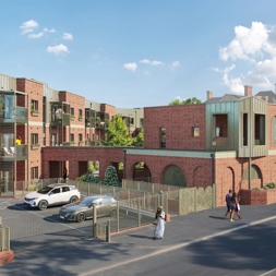 An artist impression of Housing 21's flagship cohousing scheme, Rupali Court, featuring a two and three storey building and car park facing onto a road