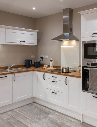 Inside the show home apartment kitchen area with modern units and design 