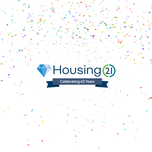 The Housing 21 diamond logo saying 'Celebrating 60 Years' with confetti in the background.