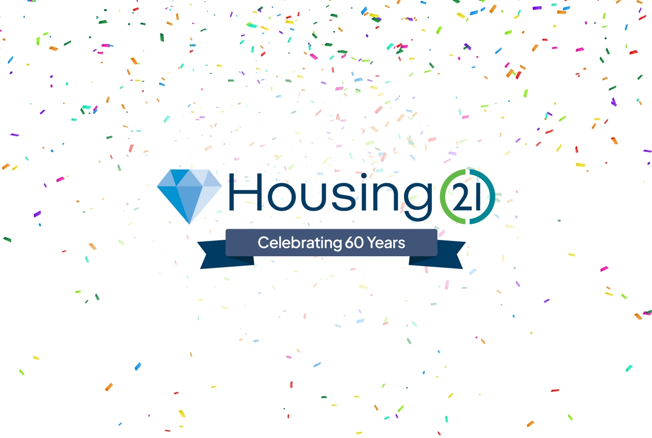 The Housing 21 diamond logo saying 'Celebrating 60 Years' with confetti in the background.