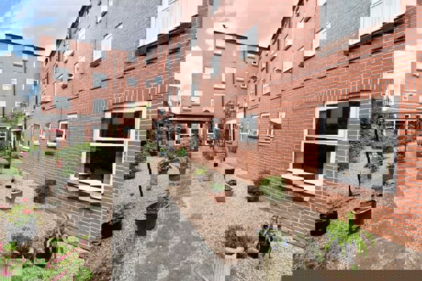 Pathway alongside the outside of the building lined by potted plants