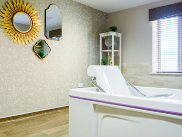 Assisted bathroom with bath and hoist and modern decor