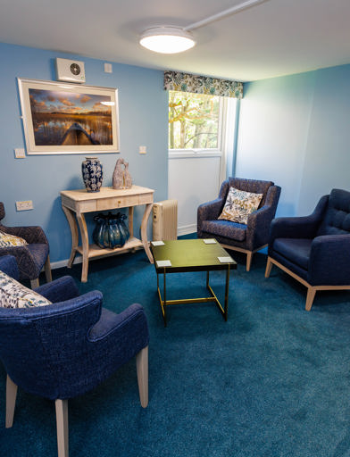 Communal seating area around a coffee table, themed blue 