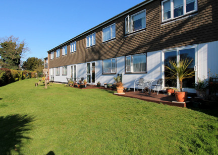 Communal gardens with plants and seating on a large grassed area