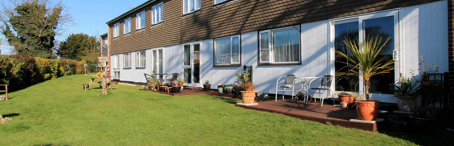 Communal gardens with plants and seating on a large grassed area