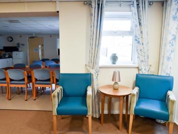 A communal dining and kitchen area for residents
