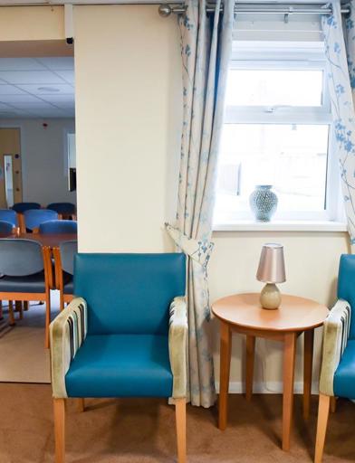 A communal dining and kitchen area for residents 
